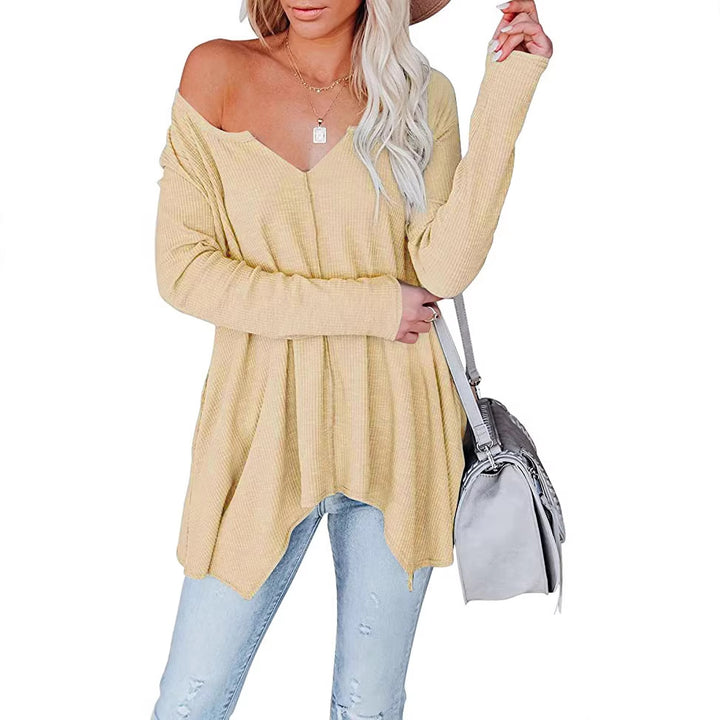 Damen Freizeit Waffelstrick Tunika mit V-Ausschnitt, Off-Shoulder und asymmetrischem Saum Drune