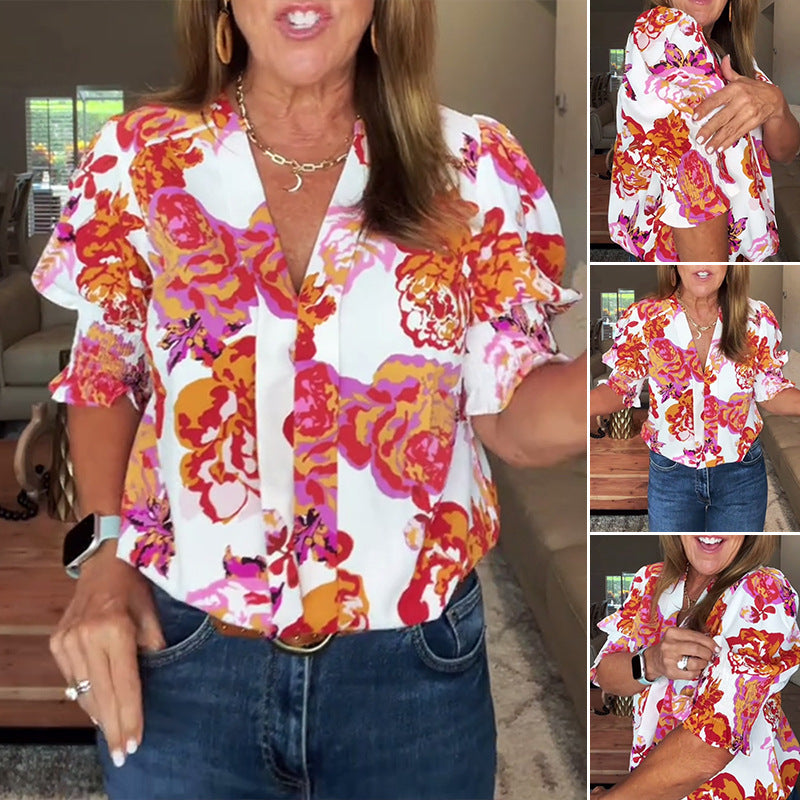 Damen nan lockere Bluse mit gerafften Puffärmeln und Knopfleiste Drune