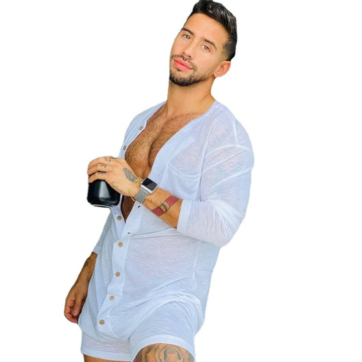 Herren nan komfortabler Kurzoverall mit Rundhalsausschnitt, durchgehender Holzknopfleiste und Brusttasche Drune