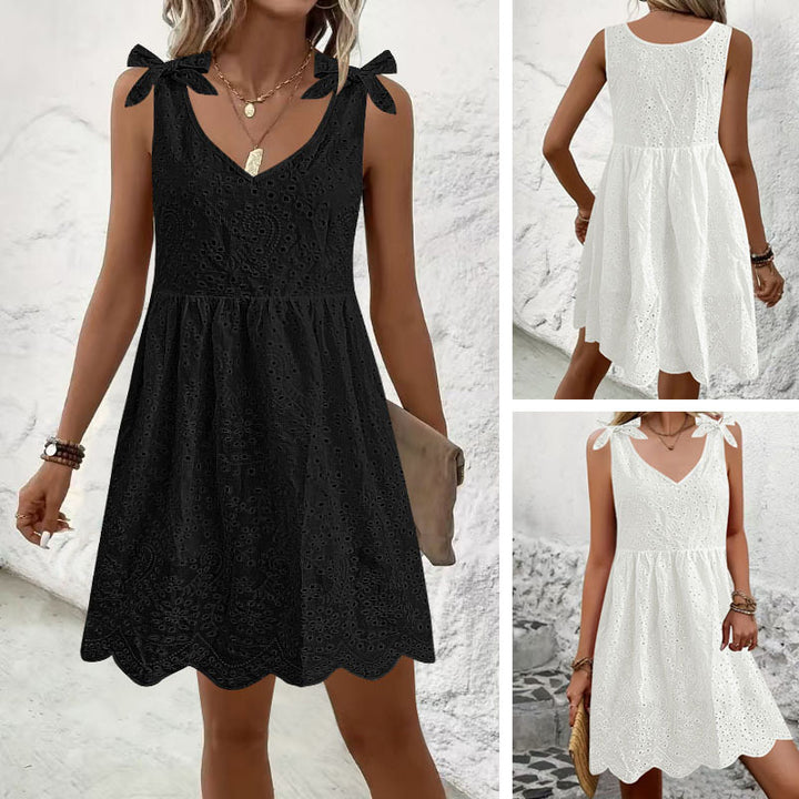 Damen luftiges Sommerkleid mit dekorativem Lochmuster und süßen Trägern Drune
