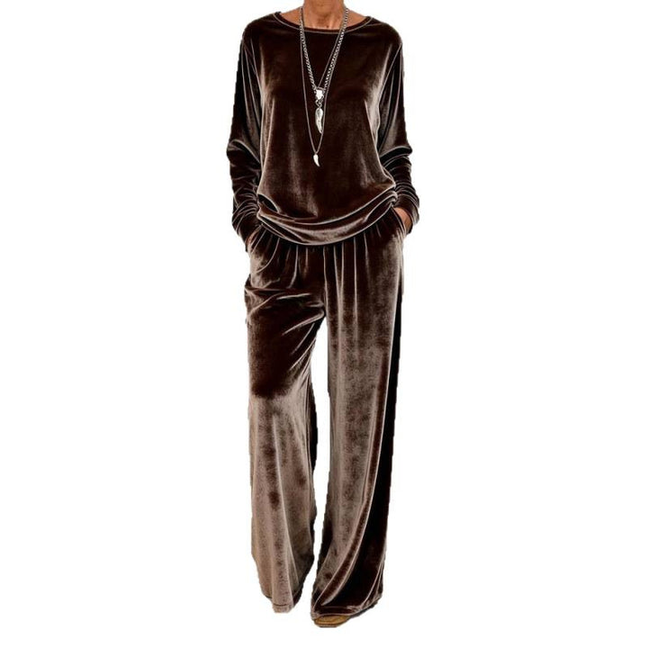 Damen Samt-Loungewear-Set mit weitem Bein, elastischem Bund und Rundhalsausschnitt Drune