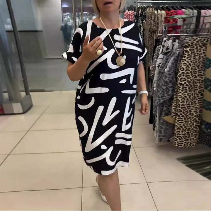 Damen nan knielanges Komfort-Shiftkleid mit großflächigem Pinselstrich-Print und umgeschlagenen Kurzärmeln Drune