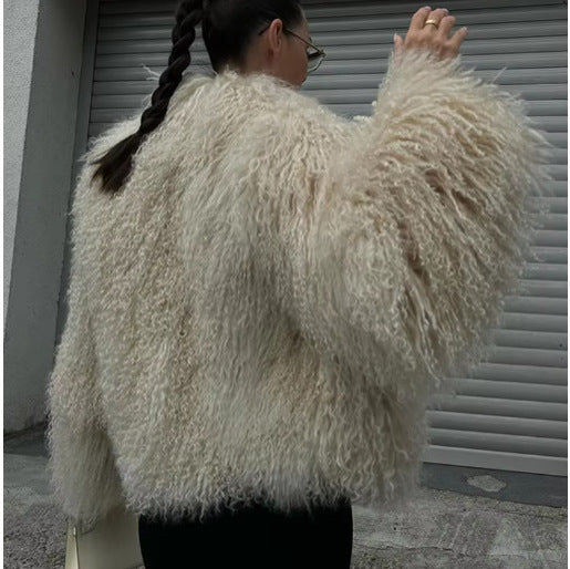 Damen Flauschige Kunstfelljacke im langen Schnitt mit weit ausgestellten Ärmeln Drune
