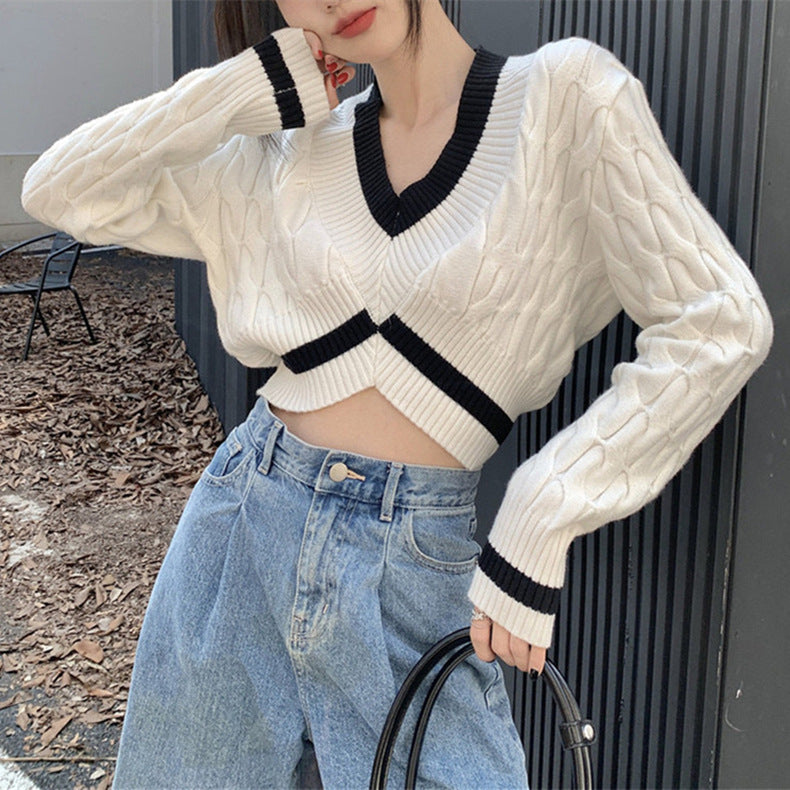 Damen stylischer cropped Pullover mit V-Ausschnitt und Zopfmuster Drune