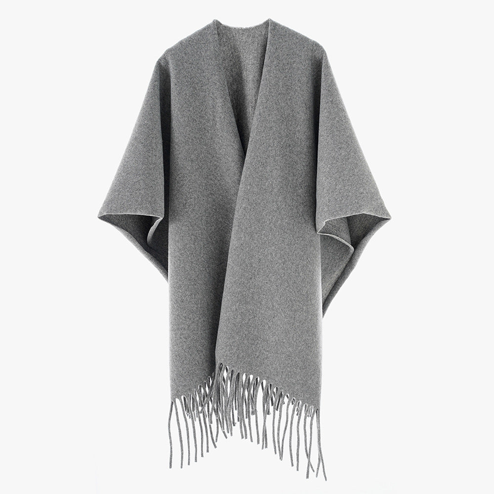 Damen Minimalistischer Wollcape-Überwurf mit Fransensaum und offenem Fall Drune