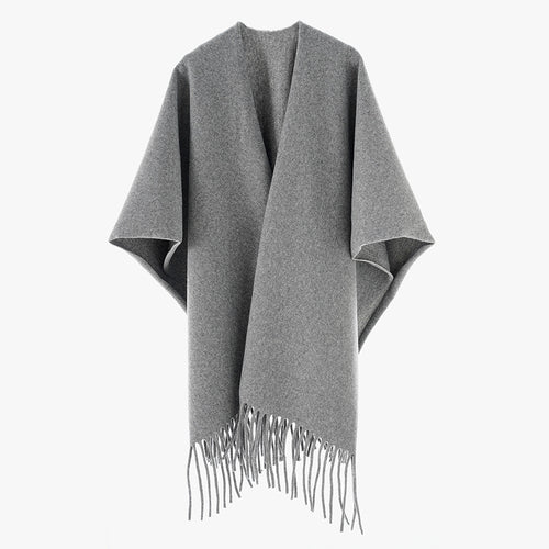 Damen Minimalistischer Wollcape-Überwurf mit Fransensaum und offenem Fall Drune