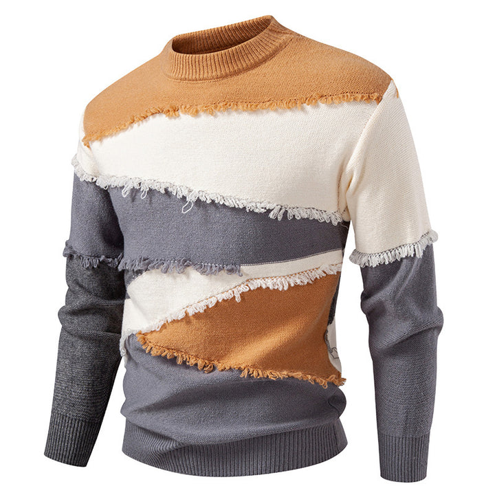 Herren Colorblock-Strickpullover mit Fransenbesatz und kurzem Stehkragen Drune