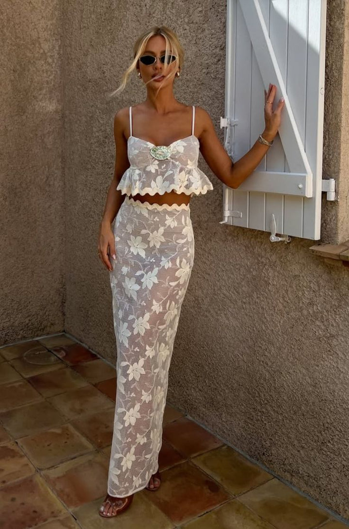 Damen elegantes Crop-Top mit floralem Design und langem Rock Drune