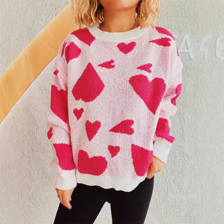 Damen lockerer Pullover mit Herzmuster und weitem Schnitt Drune