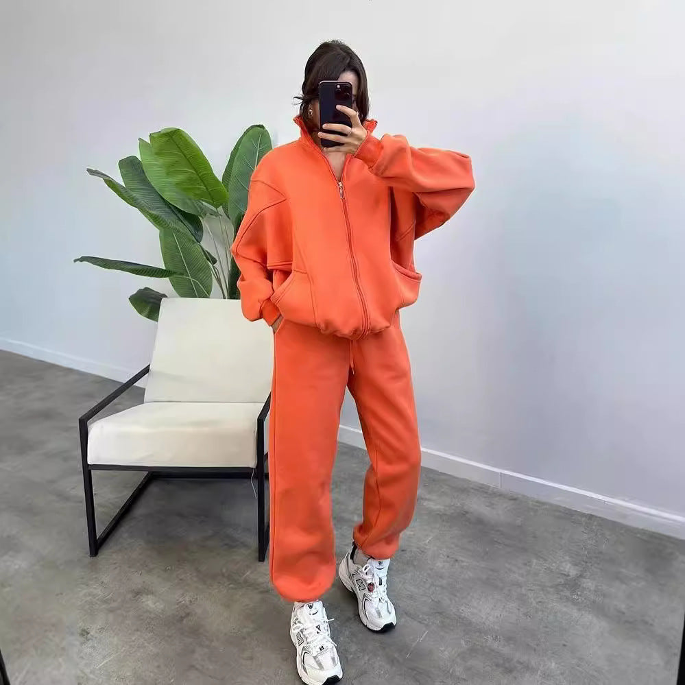 Damen Oversize Fleece-Set mit Reißverschlussjacke und weiten Jogginghosen Drune