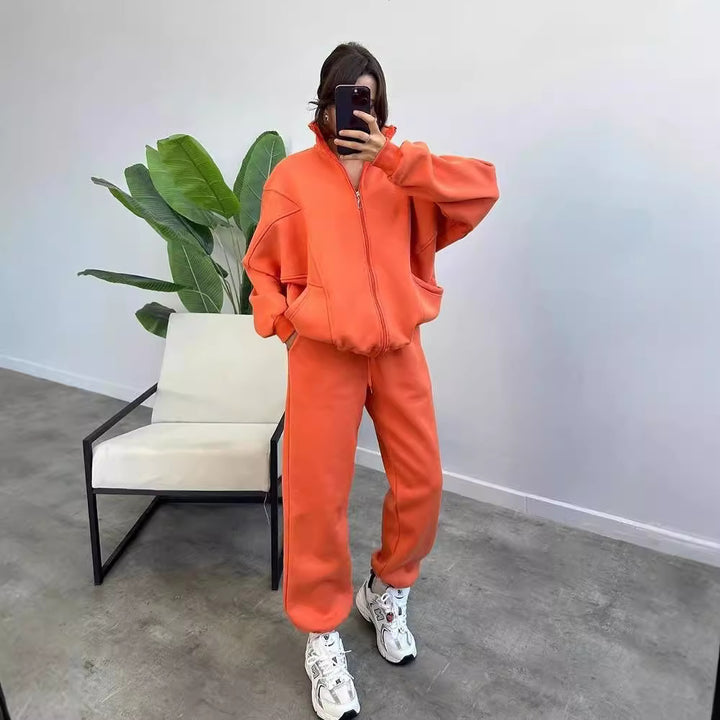Damen Oversize Fleece-Set mit Reißverschlussjacke und weiten Jogginghosen Drune