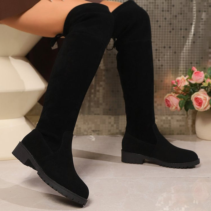 Damen Overknee‑Stiefel aus Veloursoptik mit niedrigem Blockabsatz und profilierter Gummisohle Drune