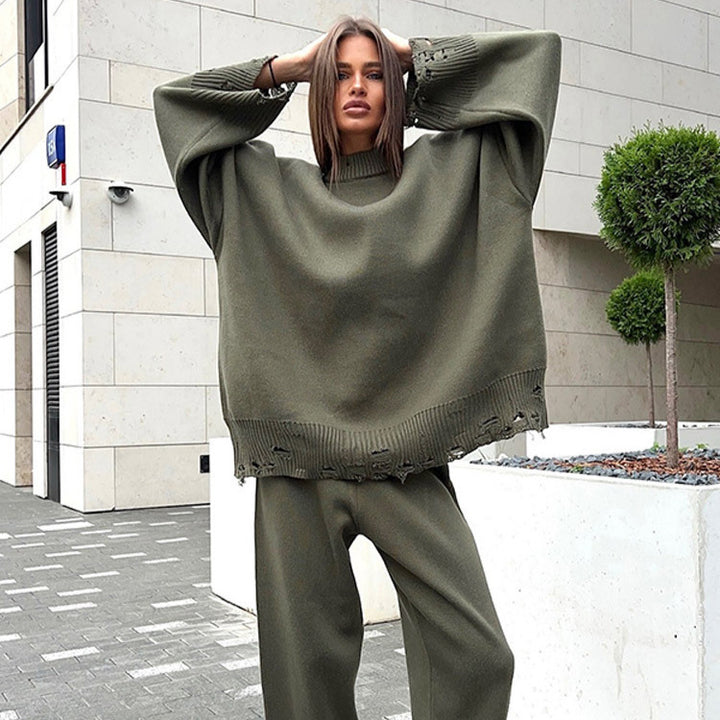 Damen Oversize-Strickset aus Feinstrick mit Destroyed-Saum, weitem Pullover und legerer Schlupfhose Drune