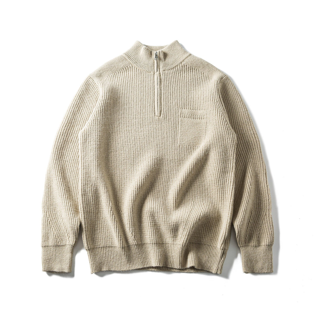 Herren Grobstrick Half‑Zip Pullover mit Stehkragen und Brusttasche Drune