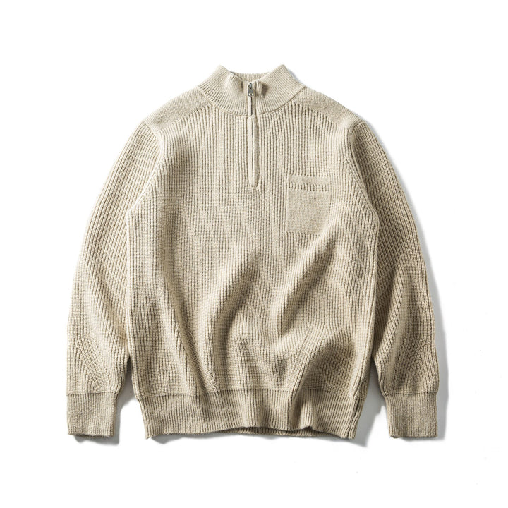 Herren Grobstrick Half‑Zip Pullover mit Stehkragen und Brusttasche Drune