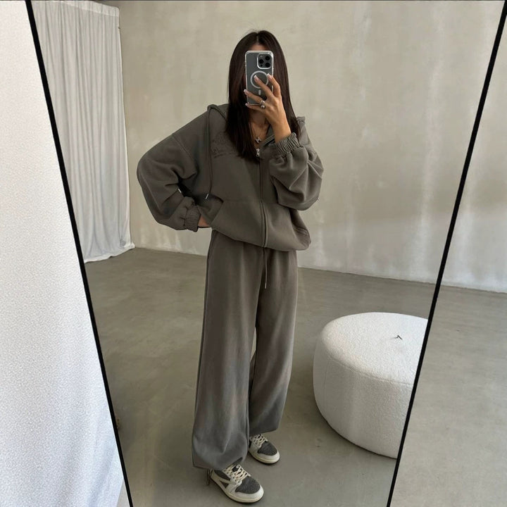 Damen Weiches Oversize-Kapuzen-Sweatjacken-Set mit weiter Jogginghose Drune