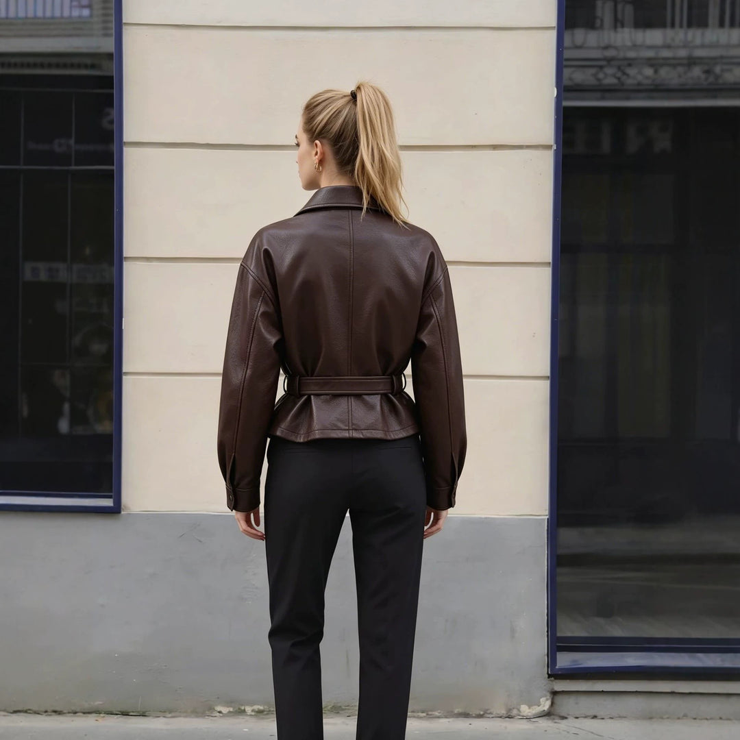 Damen Modische Lederjacke mit Gürtel Drune