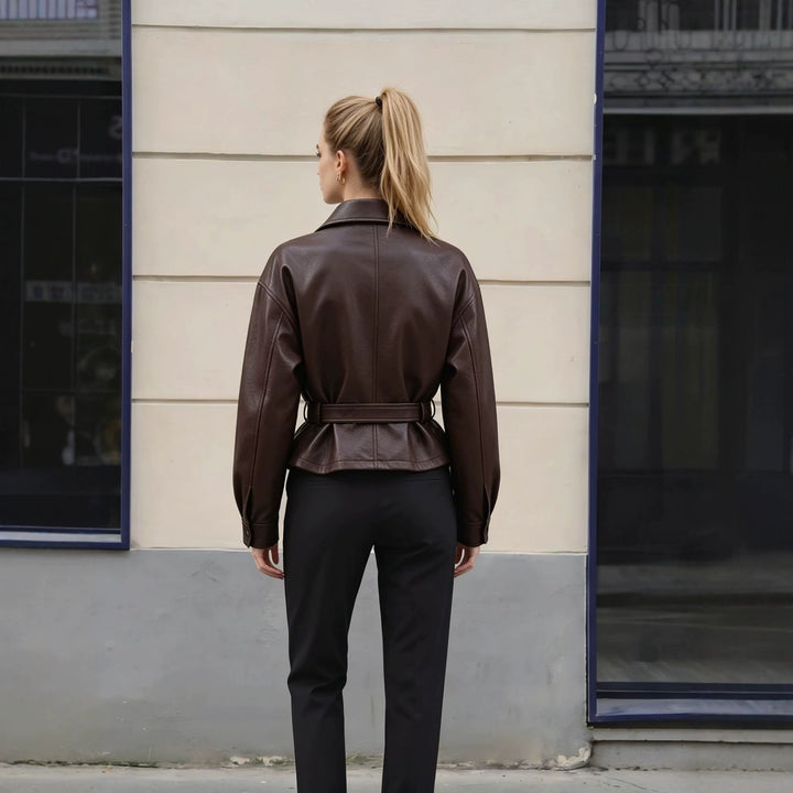 Damen Modische Lederjacke mit Gürtel Drune