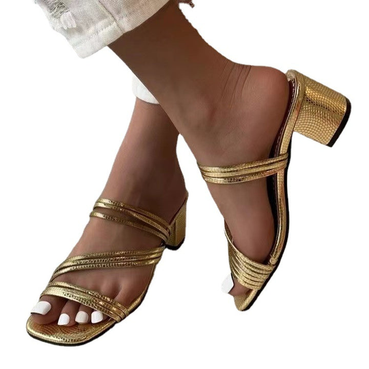 Damen nan elegante Mehrfachriemen-Mule mit mittelhohem Blockabsatz und Schlangenprägung Drune