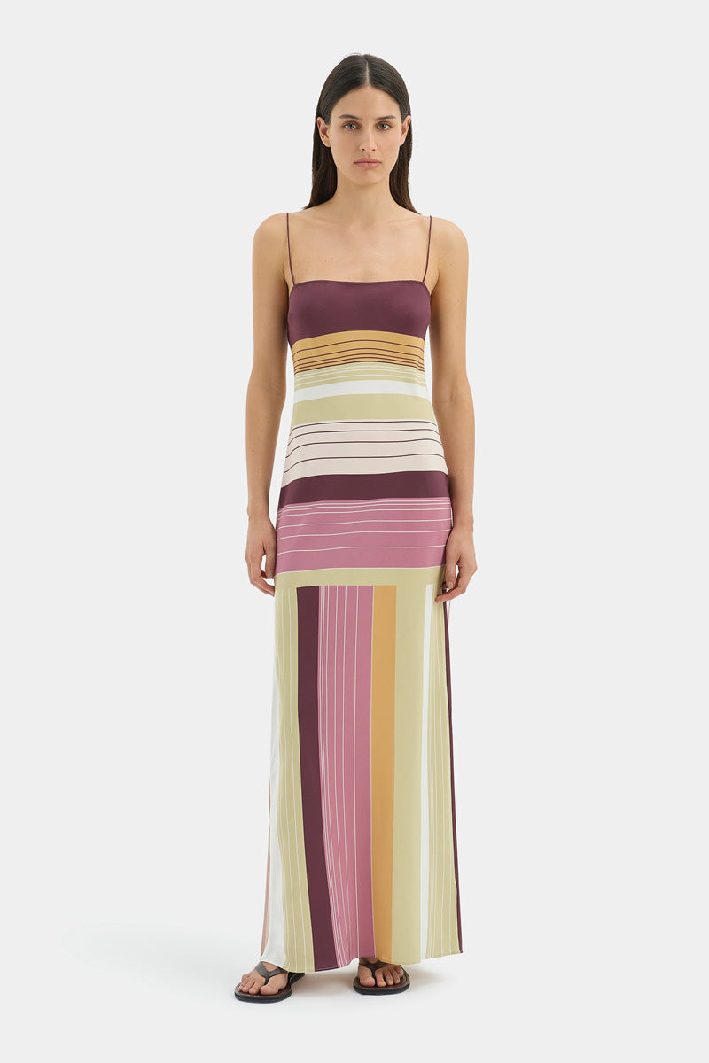 Damen nan figurbetontes Maxikleid mit Spaghettiträgern, geradem Ausschnitt, Paneelstreifen und seitlichem Schlitz Drune