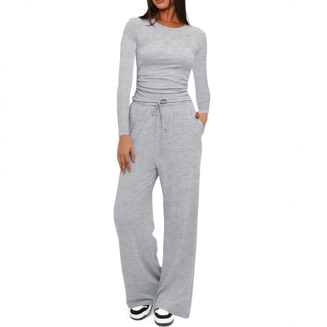 Damen Figurbetontes Longsleeve mit seitlicher Raffung und High-Waist Palazzo-Jogginghose Set Drune