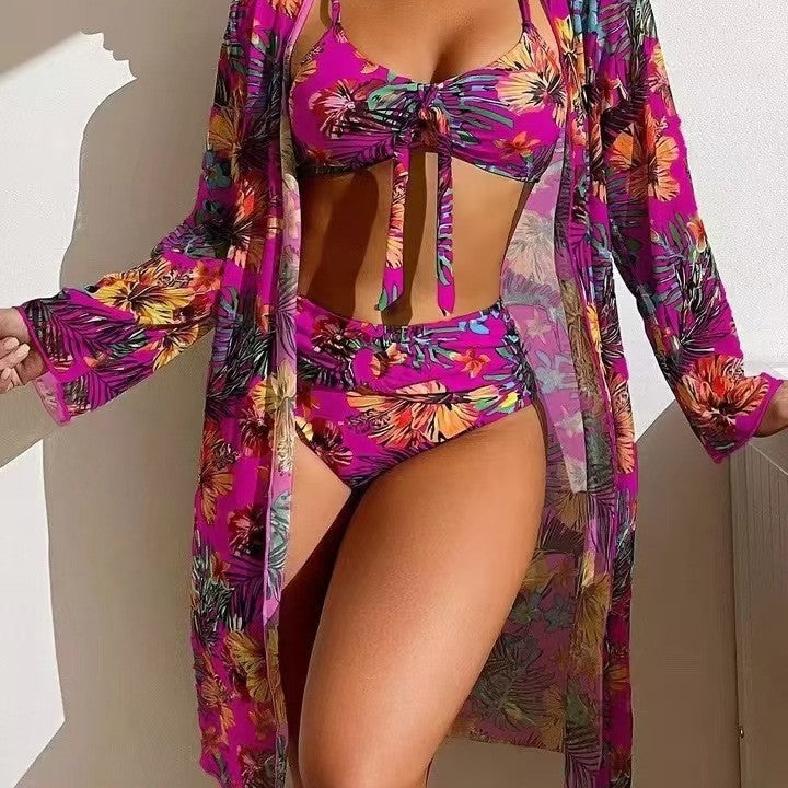 Damen Bikini-Set mit floralen Mustern und luftiger Kimono-Überjacke Drune