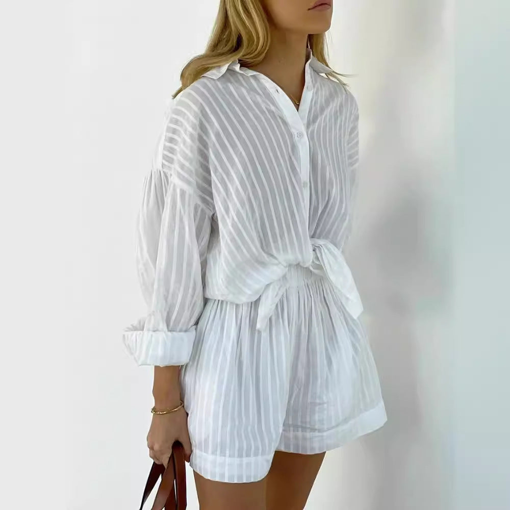 Damen lässiges Oberteil und Shorts-Set mit feinen Streifen Drune