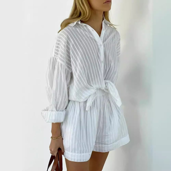 Damen lässiges Oberteil und Shorts-Set mit feinen Streifen Drune