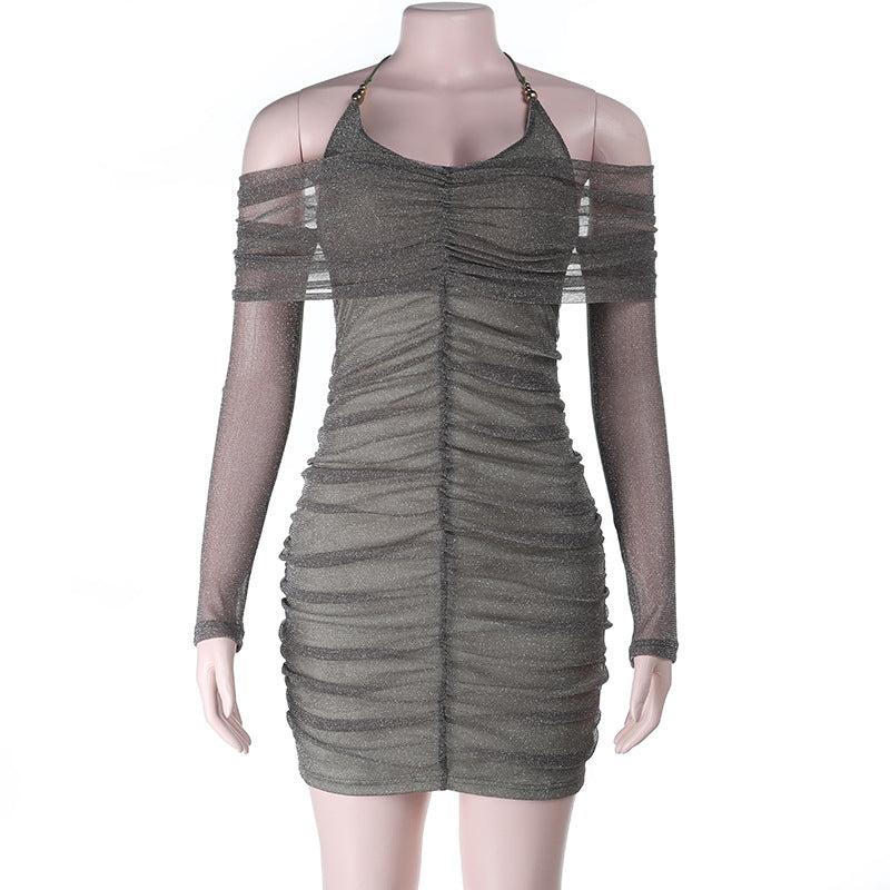 Damen figurbetontes Minikleid mit transparenten Ärmeln und Rüschendetails Drune