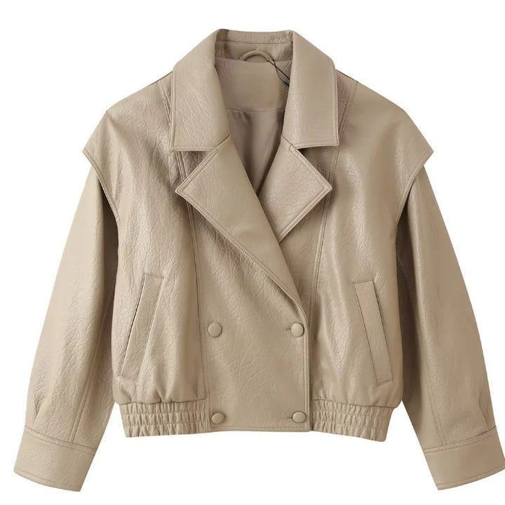 Damen Kurzblouson aus Kunstleder mit zweireihiger Knopfleiste, breitem Revers und gerafftem Bund Drune