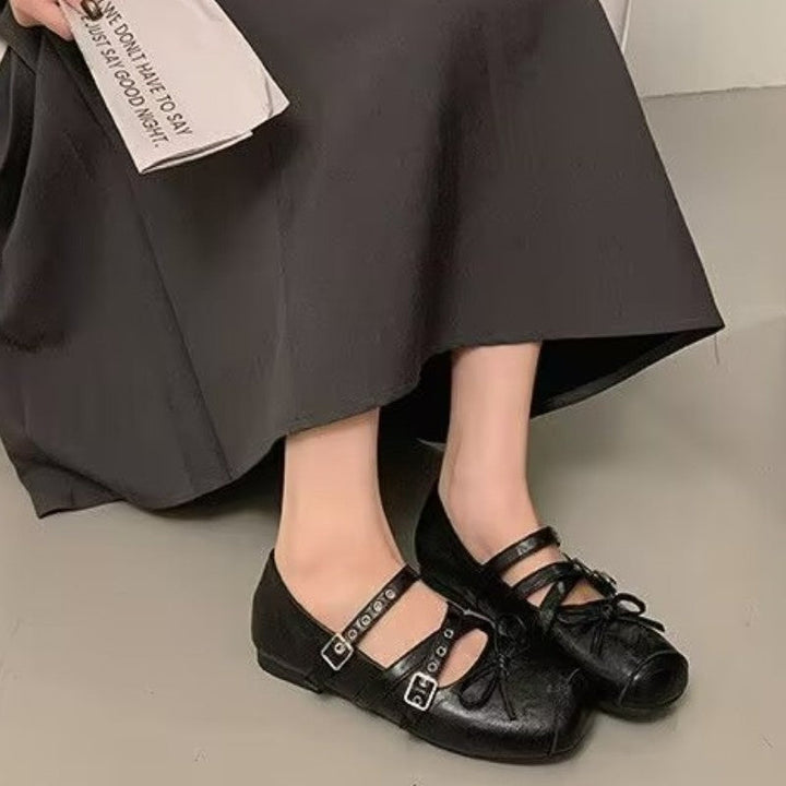 Damen Ballerina-Schuhe mit dekorativen Doppelschnallen und modischen Schleifen Drune