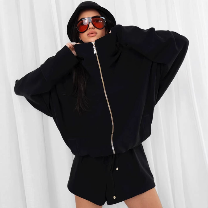 Damen Oversize Kapuzenjacke und Shorts-Set mit durchgehendem Reißverschluss Drune