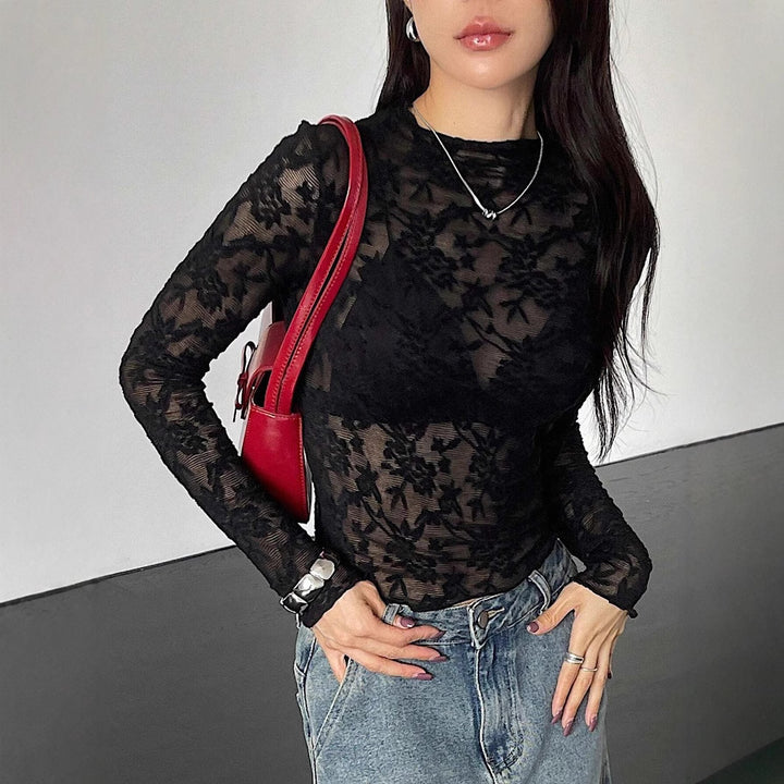 Damen nan eng anliegendes Spitzen-Langarmshirt mit floraler Ajour-Spitze, leicht transparent und Stehkragen Drune
