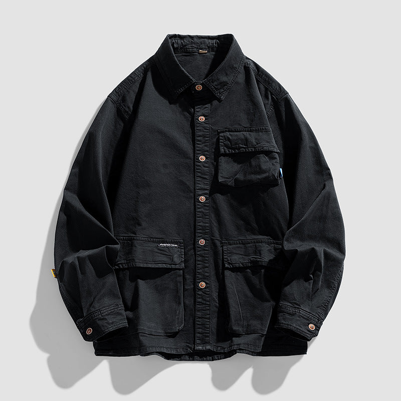 Herren Lockere Utility-Overshirt-Jacke mit Mehrfach‑Taschen aus robustem Baumwoll‑Twill Drune