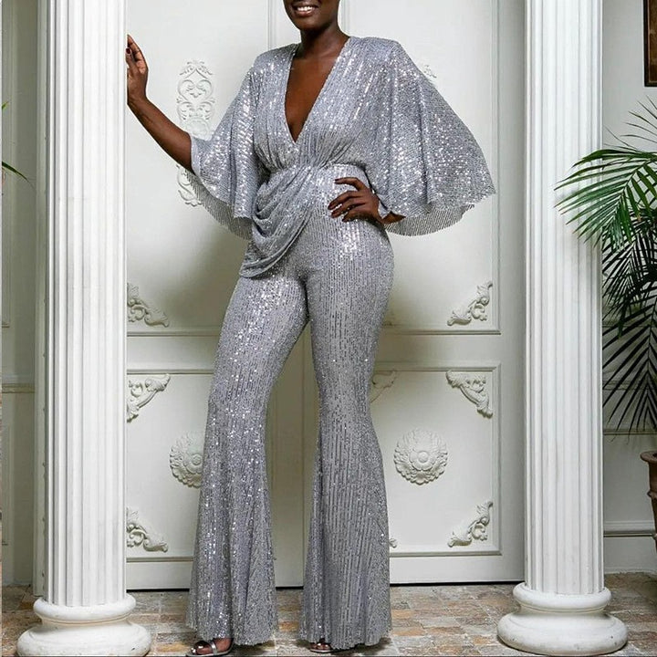 Damen Glitzerndes Jumpsuit mit weiterem Ärmel und tiefem V-Ausschnitt Drune