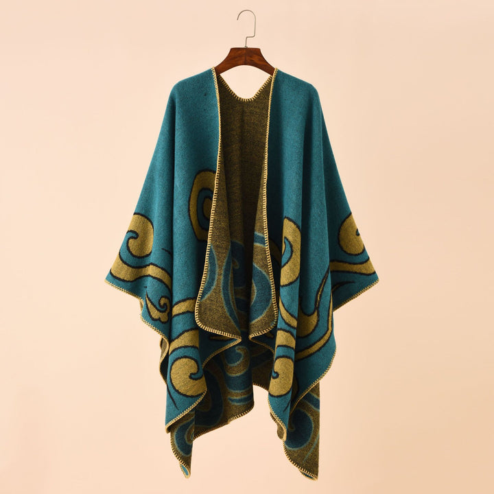 Damen Wollmix-Capeponcho im Ruana-Schnitt mit ornamentaler Intarsienstruktur Drune