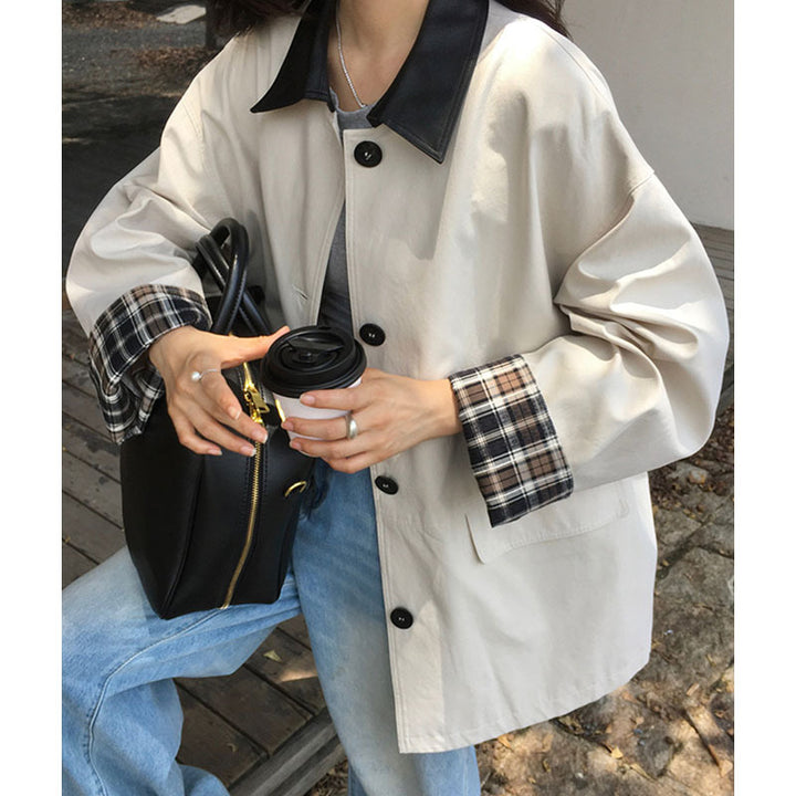 Damen Oversized Trenchcoat mit Kontrastkragen und karierten Umschlagmanschetten Drune