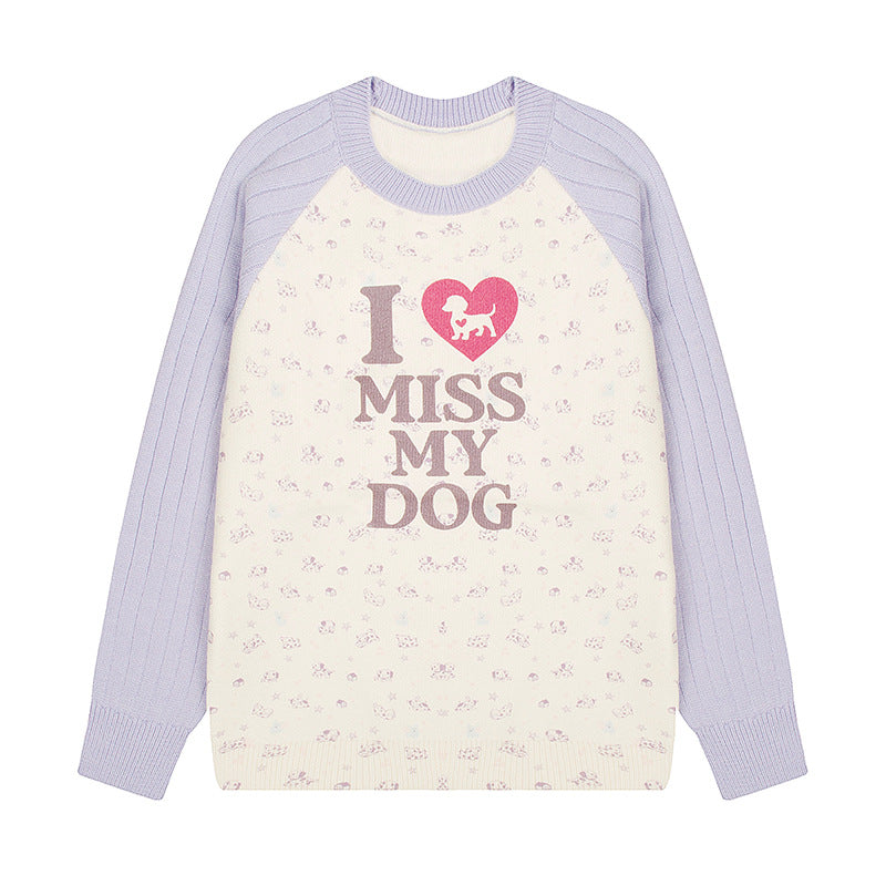 Damen Strickpullover mit Raglanärmeln, Allover-Hundemotiv und Statement-Print Drune