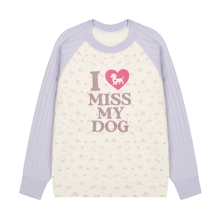 Damen Strickpullover mit Raglanärmeln, Allover-Hundemotiv und Statement-Print Drune