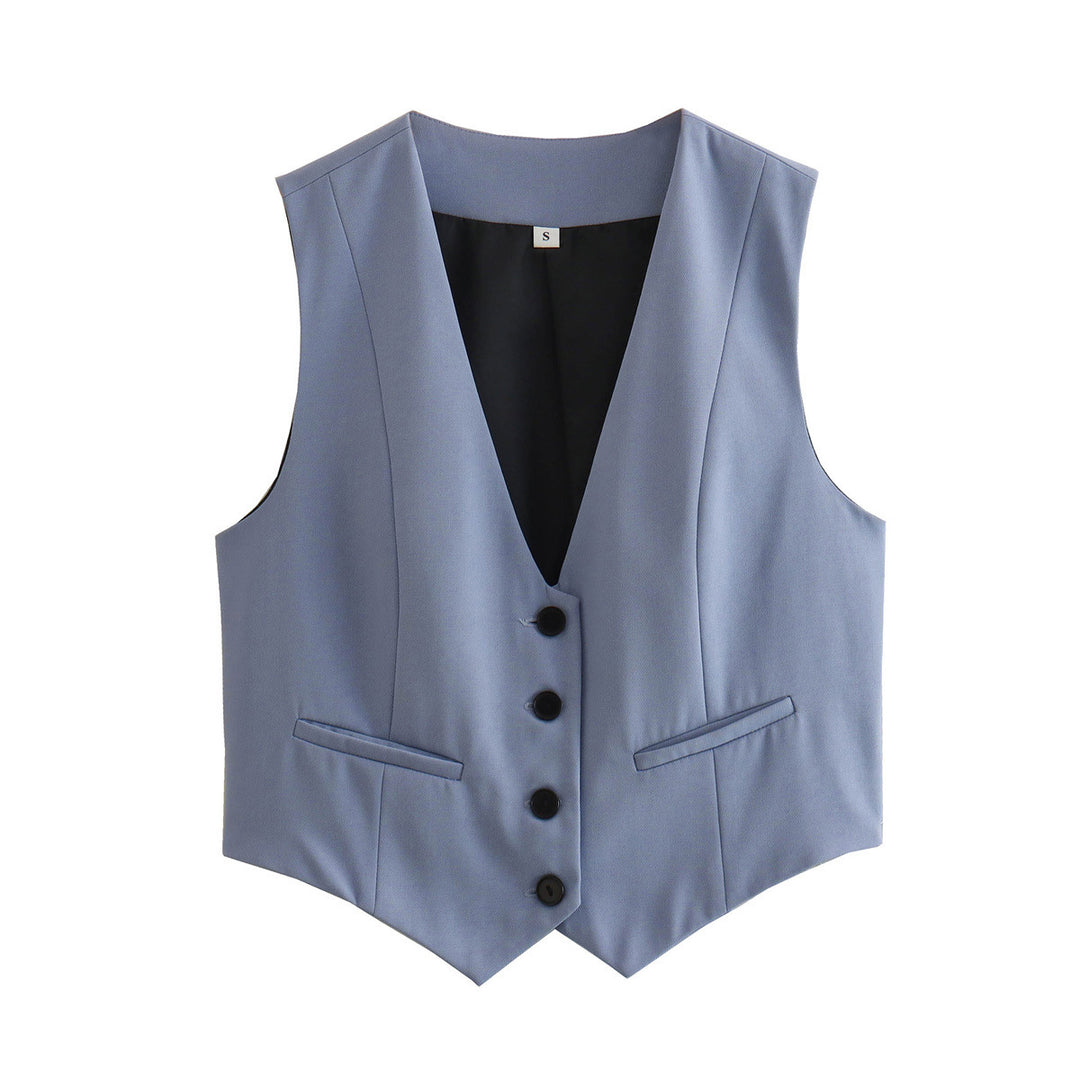 Damen nan elegante taillierte Business-Weste mit spitzem Saum, V-Ausschnitt und Leistentaschen Drune
