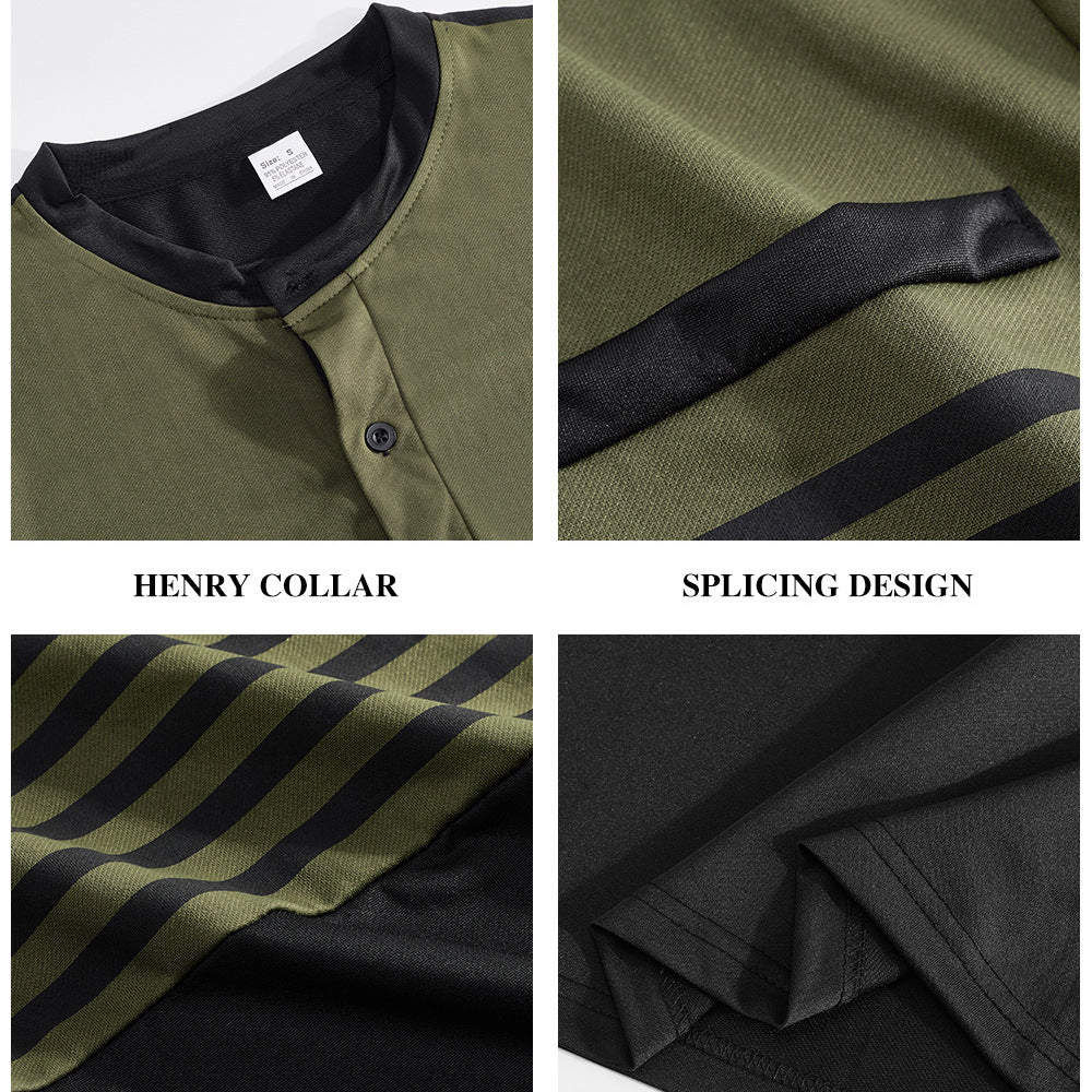 Herren nan modernes Langarm-Polo mit Henley-Blende gestreifter Brustpartie und Stehkragen Drune
