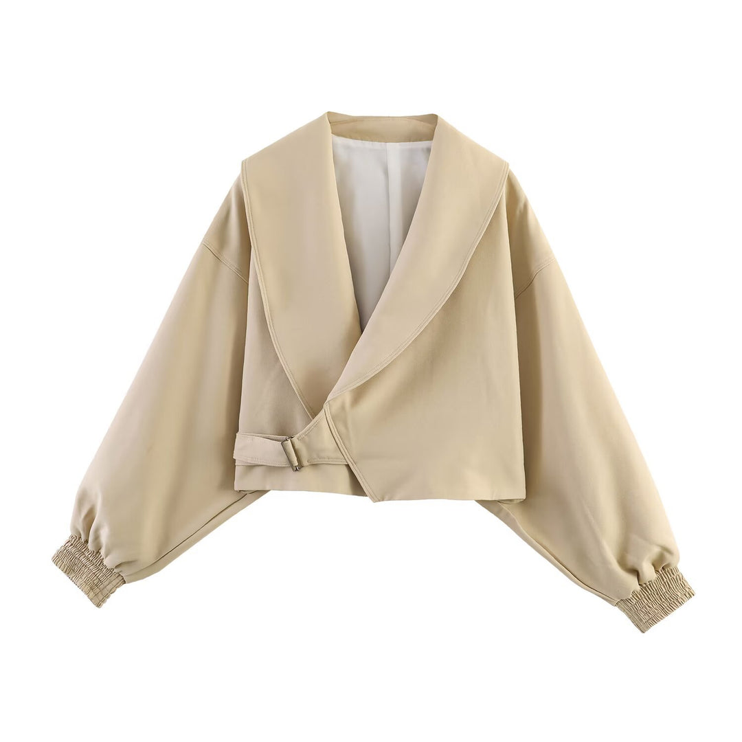 Damen Oversized Cropped-Jacke mit großem Schalkragen, Taillenriegel und Ballonärmeln Drune