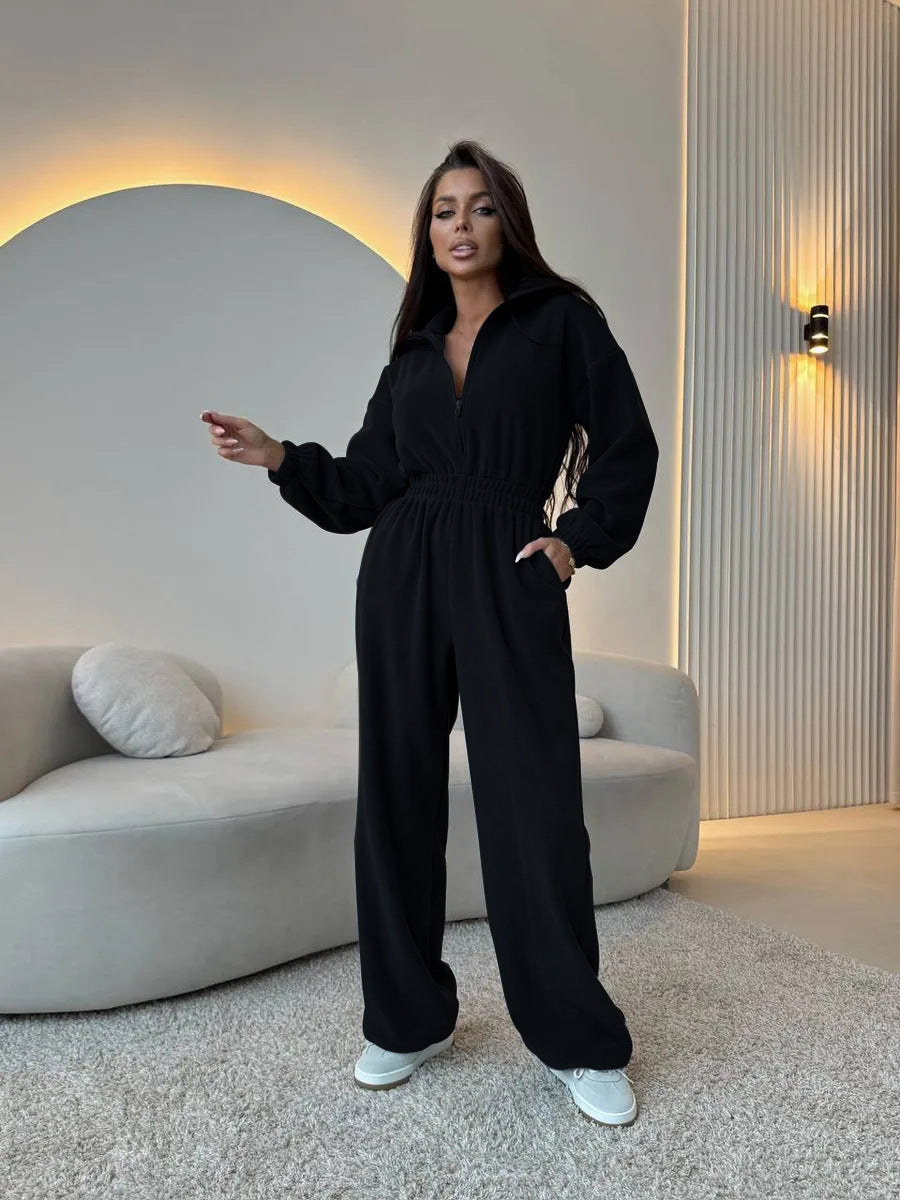 Damen eleganter Lounge-Overall mit elastischer Taillenpartie, Stehkragen, Reißverschluss und weitem Bein Drune