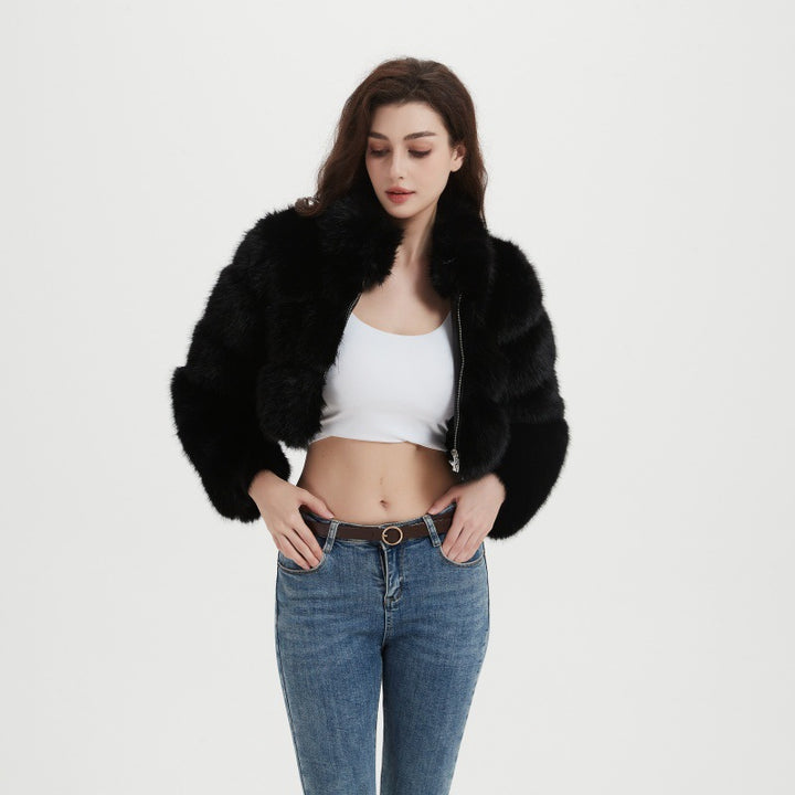 Damen Cropped Kunstpelzjacke mit horizontaler Panelstruktur und Reißverschluss Drune