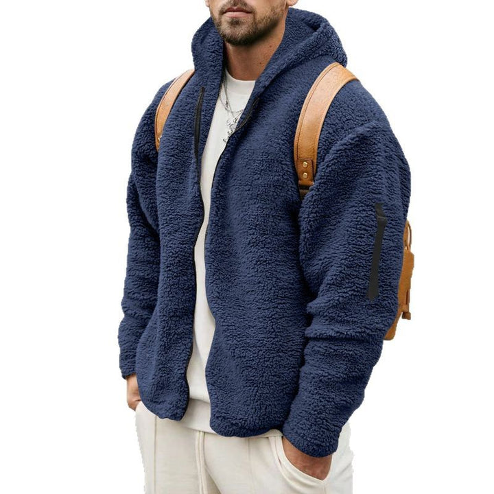 Herren nan Teddy-Fleece Zip-Jacke mit Kapuze, verdecktem Zwei-Wege-Reißverschluss und Ärmeltasche Drune