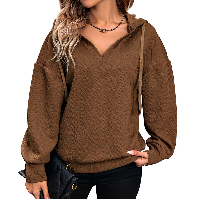 Damen Strukturiertes Zopfmuster-Kapuzen-Sweatshirt mit V-Ausschnitt und Ballonärmeln Drune
