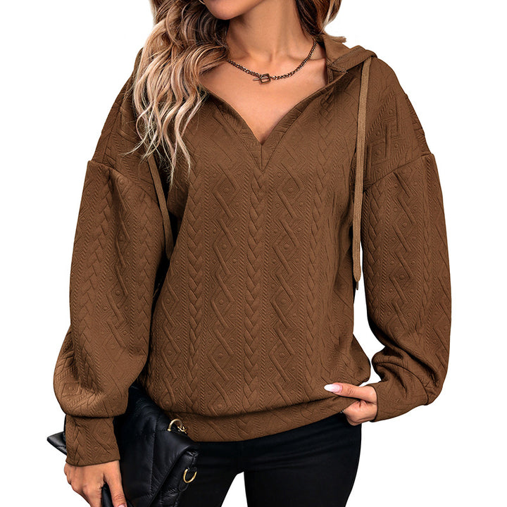 Damen Strukturiertes Zopfmuster-Kapuzen-Sweatshirt mit V-Ausschnitt und Ballonärmeln Drune