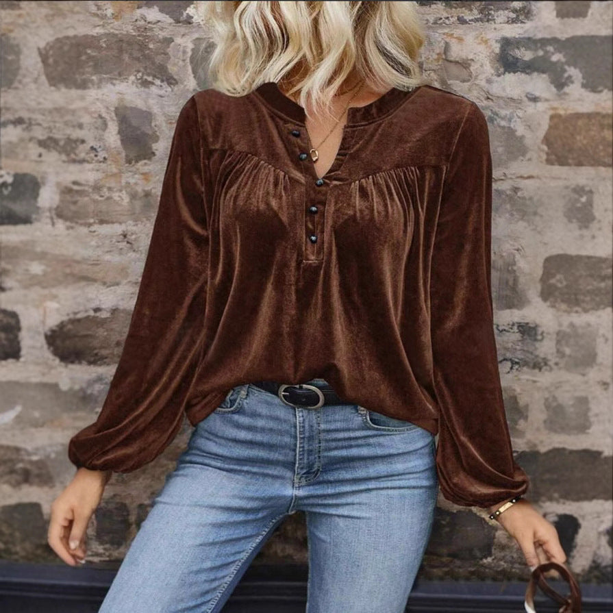 Damen Samtbluse mit Knopf‑Henley, geraffter Brustpasse und lockerer Passform Drune