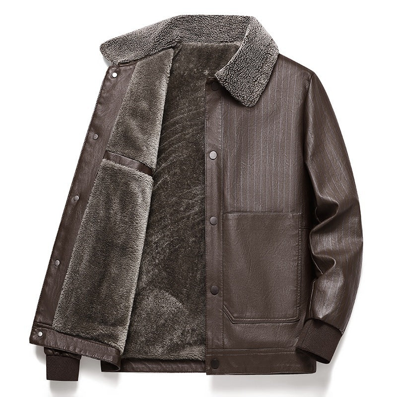 Herren Kunstleder-Blouson mit Sherpa-Kragen, wärmendem Teddyfutter und Nadelstreifen-Detail Drune