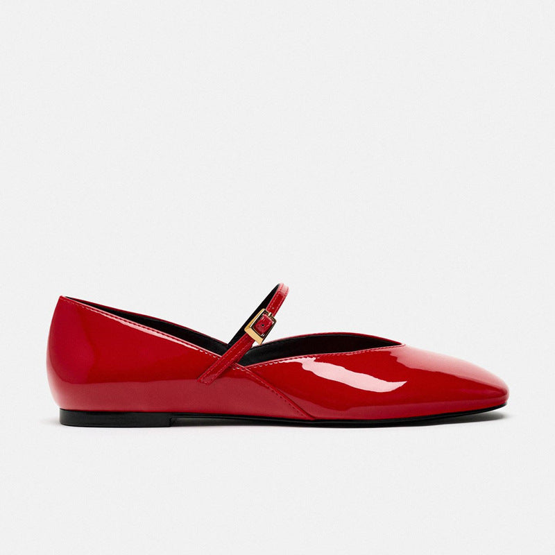 Damen nan elegante Lack-Mary-Jane-Ballerinas mit feiner Metallschnalle und spitzer Vorderkappe Drune
